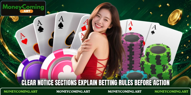 Clear notice sections explain betting rules before action Clear notice sections explain betting rules before action