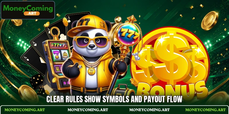 Clear rules show symbols and payout flow
